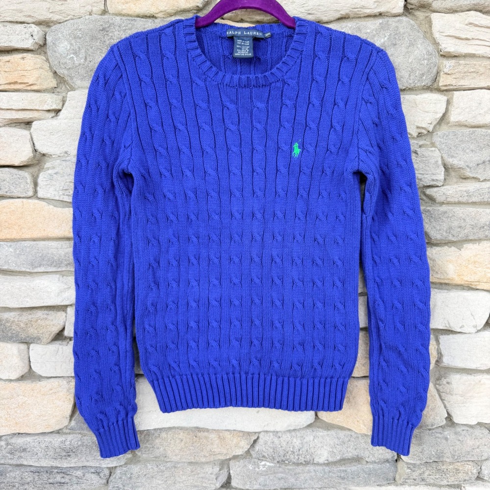 Polo Ralph Lauren Royal Blue Cable Knit Cotton Crewneck Sweater M Fall Holiday